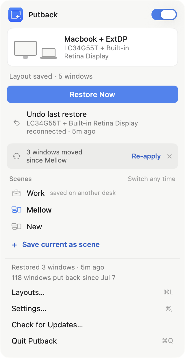 The real Putback menu bar panel: layout saved with 5 windows, Restore Now, undo last restore, scenes, and 118 windows put back since Jul 7